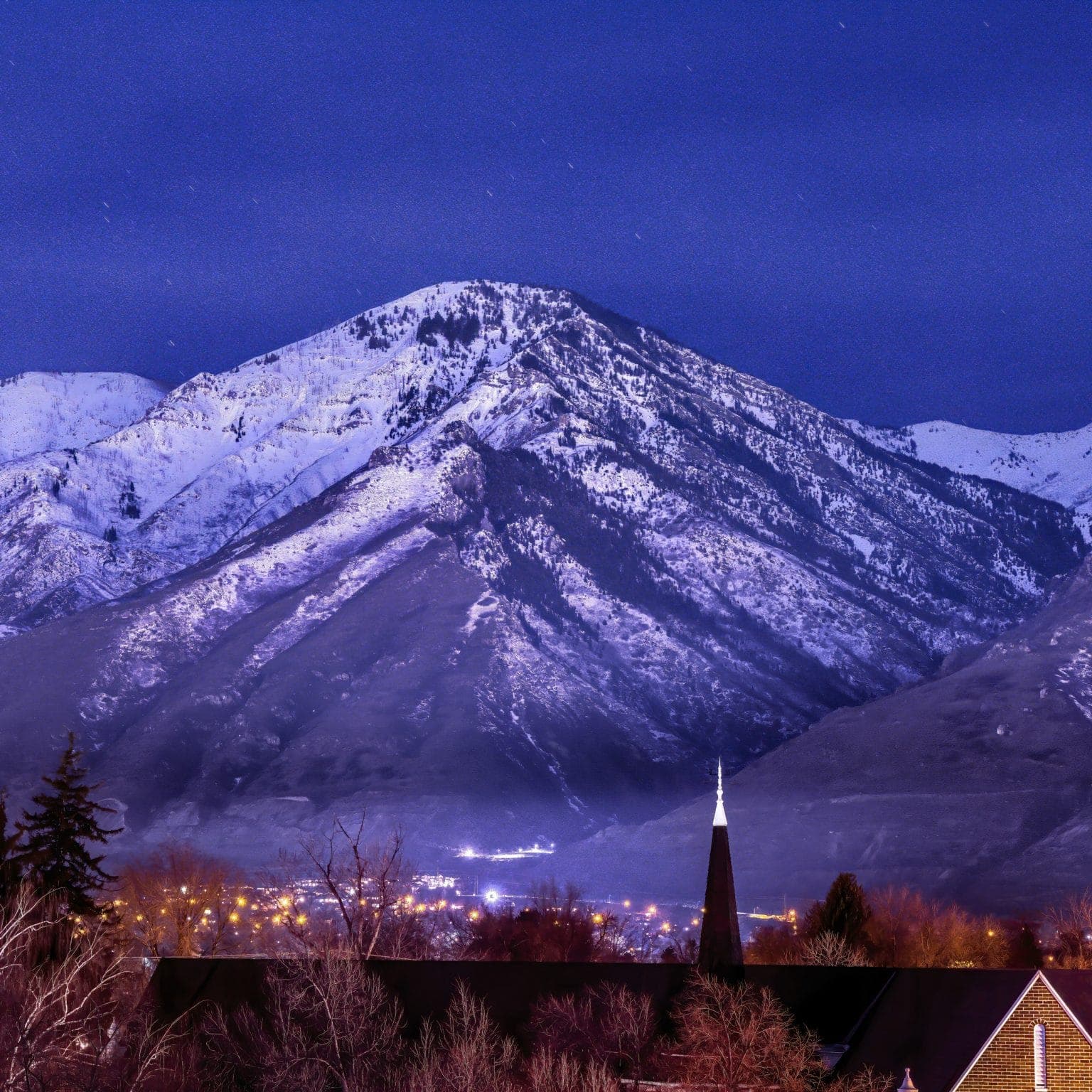 Snowy mountain in background, Bear River Mutual in Provo Utah